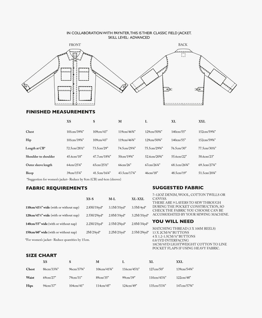 Line drawings and size chart.