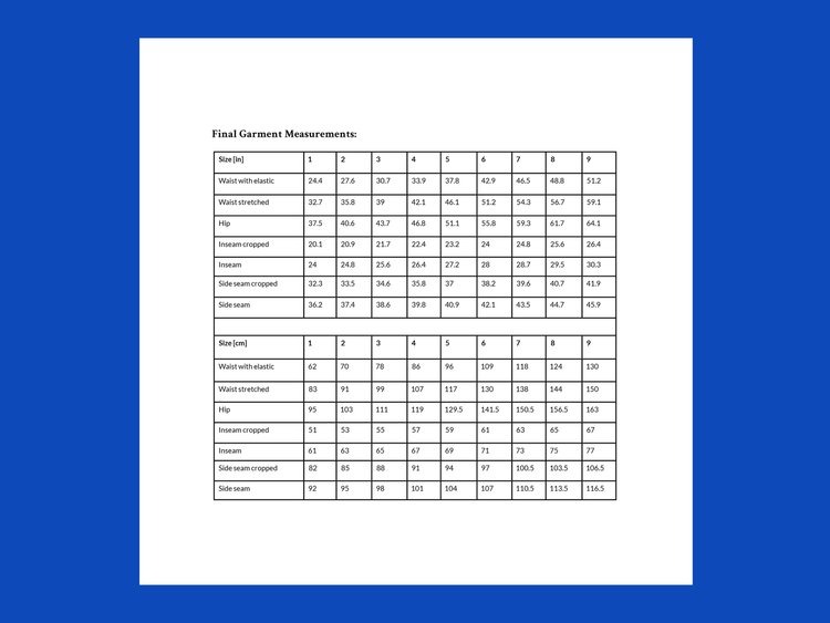 Finished Garment Measurement Charts