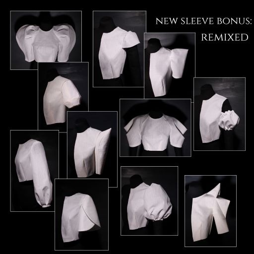 Collage of 11 sleeves in white fabric on a black background. White text in the top right reads: "New Sleeve Bonus: Remixed"