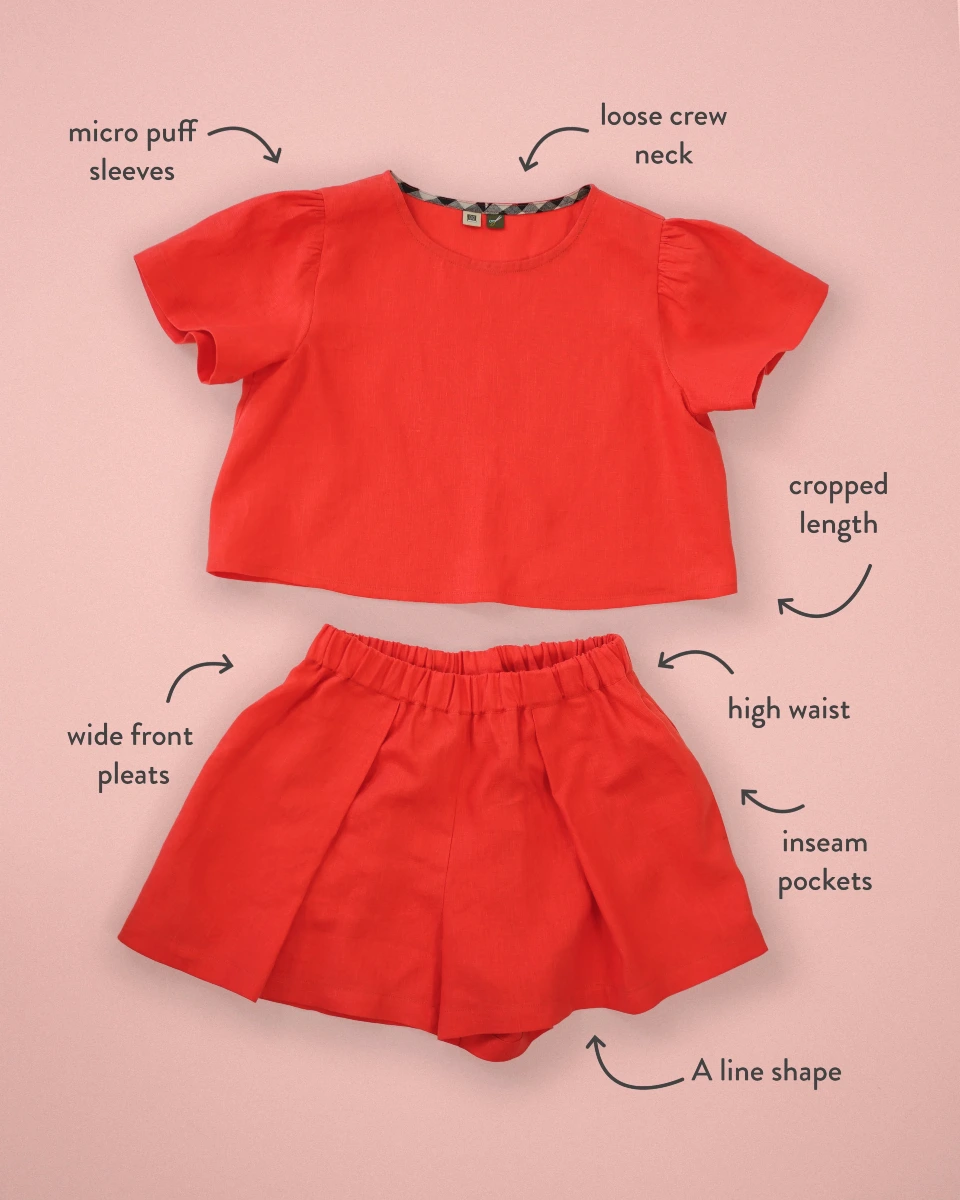 Flat lay of a bright red-orange top and shorts set. The top has micro puff sleeves, a loose crew neck and a cropped length. The shorts have a high waist, wide front pleats, inseam pockets and an a-line shape. All elements labeled on photo.